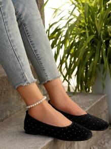 Women Plain Color Rhinestone Decor Flat Shoes, Lightweight Walking Shoes, Soft Bottom, Casual Slip-On Flat Shoes