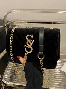 Women's Vintage Letter S Tassel Decor Suede Quilted Shoulder Bag, New Elegant Solid Color Square Mobile Phone Coin Evening Bag & Valentine's Day Gift, Versatile Travel Vacation Shopping Crossbody Bag, Lightweight Daily Commuting Office Chain Bags - Black - View 11