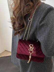 Korean Style Embossed Rhombus Pattern Letter Casual Women's Handbag, 2024 New Fashionable Ins Simple Shoulder Crossbody Bag , New Year - Burgundy - View 7