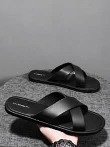 Men's Comfortable Fashion Black Slippers Cross Slippers Cool Non-Slip Lightweight Flat Casual Sandals