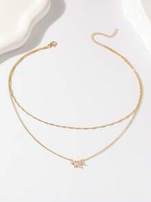 1 chiếc vòng cổ mặt dây chuyền bằng đồng Zirconia hai lớp và nơ dành cho phụ nữ, đeo hàng ngày/hẹn hò, quà tặng Ngày của Mẹ - Vàng - Xem 2