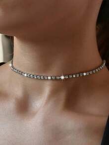 1Pc Fashion Silver Plated Diamond Tennis Chain Necklace Dainty Cubic Zirconia Diamond Chain Necklaces For Women - Multicolor - View 6