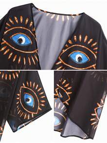 Plus Size Eye Print Kimono Cover Up, Spring Summer Casual Holiday Kimono Black