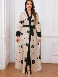 Women Elegant Floral Print Long Sleeve Cardigan, Versatile - Apricot - View 4