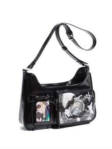 Japan's New Y2K Fashion Shopping Casual Simple Street Commuting Large-Capacity Girls' College Oil Wax Leather Transparent Badge Pain Bag Multi-Functional Shoulder Bag Cross-Body Bag, Can Put Grain, Can Hang Key Chains, Can Put Postcards, Street & Japanese Bag For Women - Black - View 3