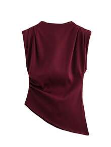 HH 女士优雅纯色垫肩无袖背心办公室女士休闲褶饰不对称拉链修身 T 恤 - 酒紅色 - 查看 5