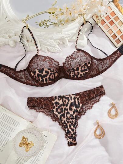 Verleidelijke Kanten Splice Leopard Print Women Lingerie Set, Rave
