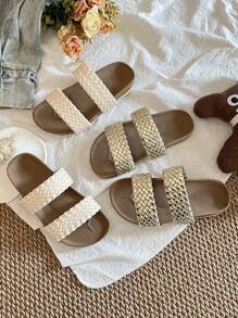 1 par de chanclas de verano promoción color marrón tierra, resistentes al desgaste, de moda y sencillas, con suela blanca gruesa, para niñas de 3 a 12 años, adecuadas para uso interior y exterior, con diseño trenzado de doble hebilla dorada