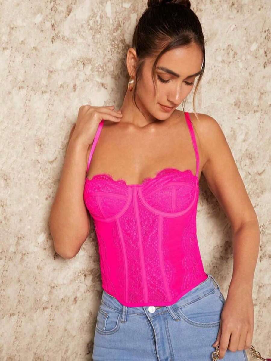 Women's Cropped Corset Lace Corselet Adjustable Strap Sexy Corset Blouse Top - Màu Hồng Tươi - Xem 1