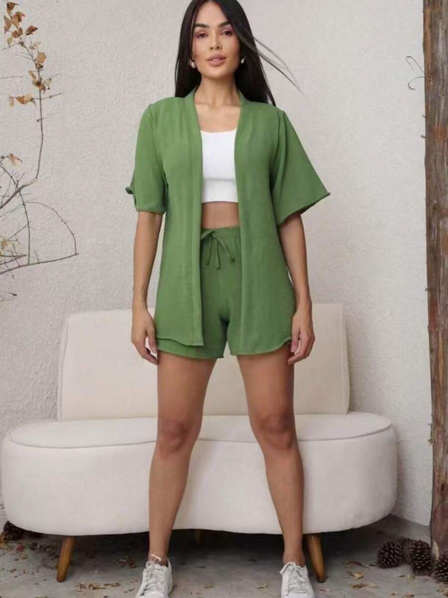 2-Piece Plain Set (Kimono+Shorts) J-2 - Mint Green - View 1