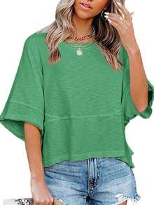 Women's Summer Casual Crewneck Batwing 3/4 Sleeve T-Shirts Solid Color Loose Fit Cute Basic Flowy Tops Tees Blouses - 綠色 - 查看 2