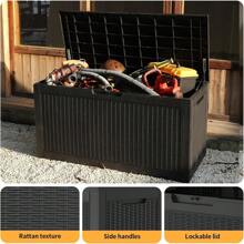 Outdoor Storage Housing Deck Box - Waterproof Patio Furniture, Garden Tools, Cushions, Pool Accessories Storage Bench With Lockable Lid And Side Handles VERSATILE DESIGN: The Outdoor Storage Housing Doubles As An End Table, Providing A Functional And Stylish Addition To Your Outdoor Space. WATERPROOF CONSTRUCTION: Made From High-Quality Resin, This Deck Box Is Built To Withstand The Elements, Keeping Your Belongings Safe And Dry All Year Round. LARGE STORAGE CAPACITY: With A 30-260 Gallon Interior, This Outdoor Storage Box Provides Ample Space For Storing Pool Towels, Garden Tools, And More. EASY TO ASSEMBLE AND USE: The Box Features A Simple Yet Sturdy Design, Making It Easy To Assemble And Install. Plus, Its Lockable Cover Provides Extra Security For Your Items. DURABLE AND LONG-LASTING: This Outdoor Storage Cabinet Is Designed To Withstand Daily Wear And Tear, Ensuring Long-Lasting Use For Years To Come. Its Sleek, Modern Design Also Complements Any Outdoor Decor Style. - 黑色 - 查看 5