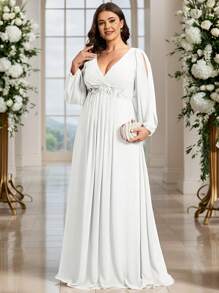 EVER-PRETTY Plus Applicaties Ritssluiting op de rug Lange mouwen Bruidsdouchejurk Wit Elegante Formele Avond Prom Bruiloftsgastjurk, Voor Afstuderen, Diner