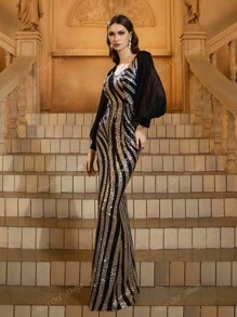 Black Sequin Deep V-Neck Puff Sleeves Slit Prom Dress