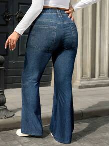 Plus Size Women Fashion Denim Effect Print Flared Pants With Fake Pockets, Stretchy Casual Trousers, Long Length