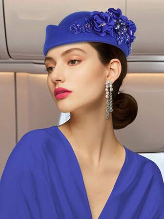 1Pc Felt Turban Hat Pillbox Hats For Women Derby Hat Fascinator Hats With Flower Embellished Elegant Ladies Tea Party Hats Vintage Beret Hat Decorated With Rhinestone Fashion Fedoras Cap For Cosplay Costume Accessories For Wedding Party Women Ladies Gift