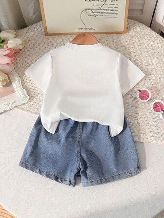 Girls Cute Bow Print Round Neck Top + Fashion Bow Embroidered Skirt Pants 2pcs Set