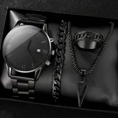 手表 4 件男士日期石英表套装，包括吊坠项链手链和戒指，送给男士的最佳礼物