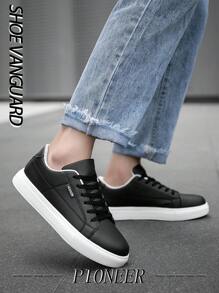 Men's Minimalist Style Black Detail Lace-Up Casual Sneakers, Comfortable Outdoor Sports Trainers