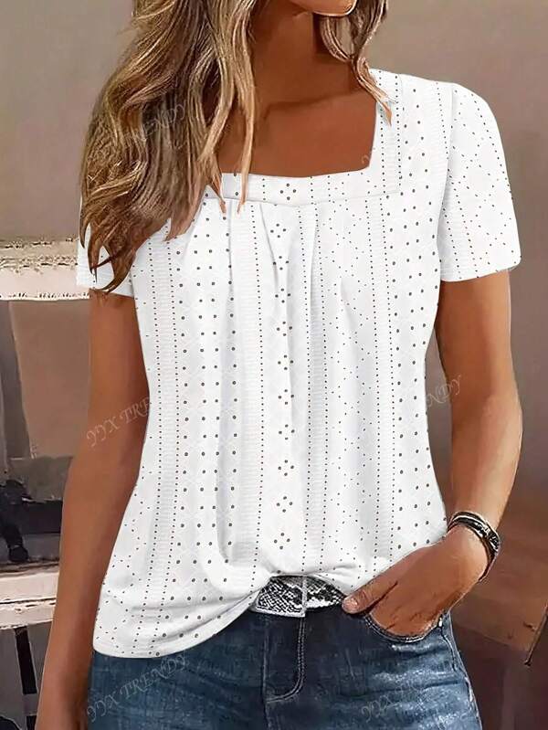 Plus Size Perforated Embroidery Square Neck T-Shirt, Casual Short Sleeve Front Pleat Blouse, Spring And Summer, Women's Clothing