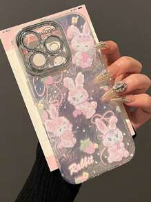 Premium Cute Strawberry Rabbit Camera Full Cover Soft Silicone Phone Case Compatible With IPhone 16 Pro Max/IPhone 15 Pro/14 Plus/13/12 PM/11