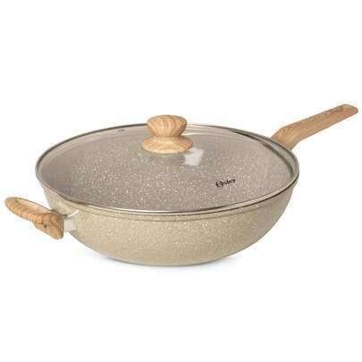  OSTER PANELA WOK COM TAMPA 5,5L 31,5CM COM REVESTIMENTO CERÂMICO ANTIADERENTE, CABOS ALÇAS E PUXADORES DE TOQUE SUAVE E BASE COMPATÍVEL COM INDUÇÃO - MARBLE EDITION CINZA DUST