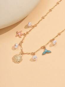 1 pieza Collar con colgante de estrella de mar y cola de pez con perla falsa de estilo océano de verano, cadena de clavícula de aleación con esmalte de colores, elegante para uso diario, vacaciones en la playa, citas, fiestas y viajes