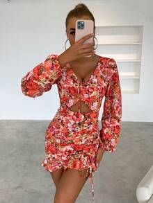 Joyfunear V-Neck Drawstring Detail Long Sleeve Women Dress - Multicolor - View 2