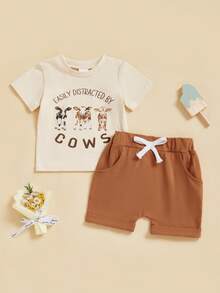 0M-3T Toddler Baby Boy Cow Outfit Letter Cattle Short Sleeve T-Shirt Solid Elastic Waist Shorts 2 Piece Summer Set - Khaki - View 1