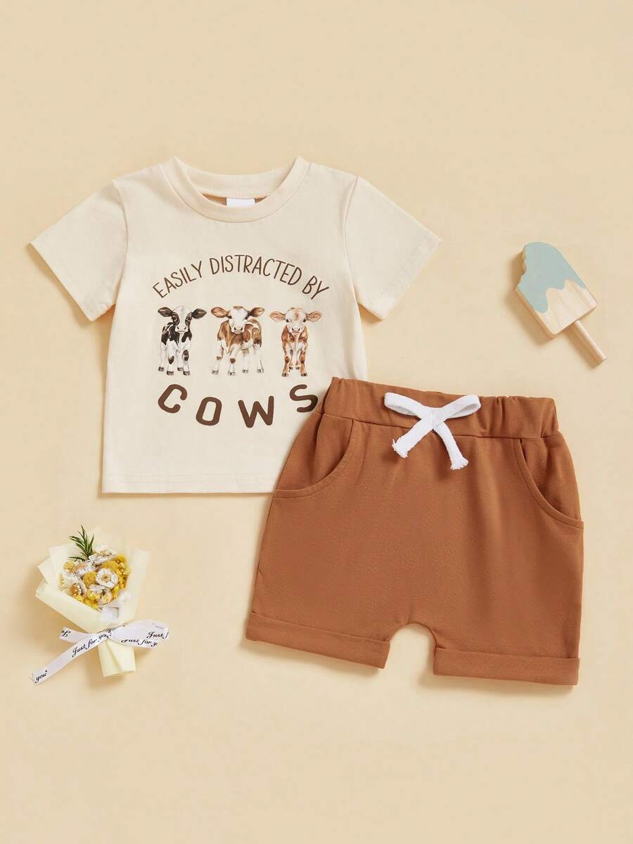 0M-3T Toddler Baby Boy Cow Outfit Letter Cattle Short Sleeve T-Shirt Solid Elastic Waist Shorts 2 Piece Summer Set - Khaki - View 1