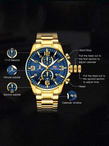 MINIFOCUS 1 pieza Reloj deportivo para hombres con manecillas luminosas, multifuncional con pantalla de fecha, correa de acero inoxidable, reloj de cuarzo para hombres de marca de lujo de negocios y moda, regalo con caja