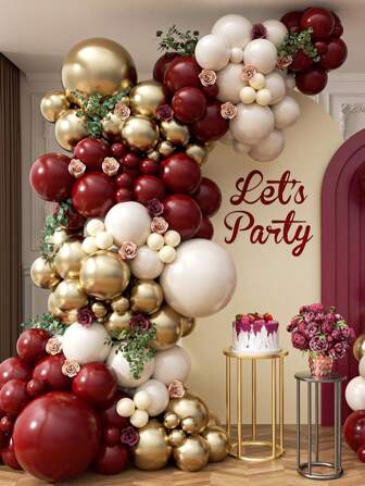 131 pièces Kit de guirlande et d'arche de ballons bordeaux, ballons bordeaux, avec des ballons bordeaux, marron, blancs, métalliques dorés et nus pour les décorations de fête de remise des diplômes, douche de mariage et anniversaire dans les tons bordeaux et or