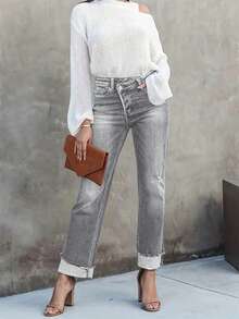 Quần jeans ống đứng ôm sát ARWY dáng casual, rách nhẹ, cạp chéo, chất liệu co giãn, kiểu dáng râu mèo, dành cho nữ, thanh lịch và thời trang cho các hoạt động hàng ngày, kỳ nghỉ, biểu diễn sân khấu, hòa nhạc, Halloween, tựu trường, và mọi mùa xuân. - Màu Xám nhạt - Xem 4