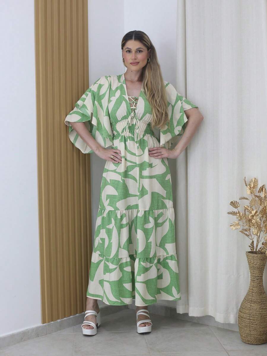 Women's Long Dress With Batwing Sleeves And Printed Padding - Maxma 8428 - Green & White - View 1