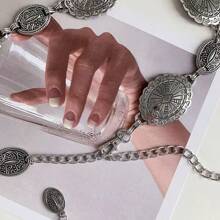 1pc Women Silver-Tone Distressed Metal Chain Waist Belt, Vintage Style Zinc Alloy Waist Chain, Suitable For Spring, Summer, Autumn, Winter