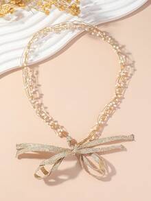 1pc European & American Fashion Faux Pearl, Glass Beads, Copper Wire Handmade Knotted Pearl Satin Ribbon Headband, Women Accessory, Daily/Festival Gift - White - View 11