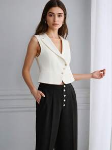 HOMEYEE V-Neck Lapel Sleeveless Button Pocket Vintage Casual Elegant Business Suit Vest