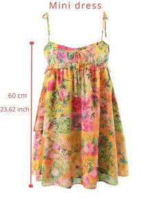 Womens Floral Mini Dress Spaghetti Strap Sleeveless Tie Back Ruffle Sundress Summer Tiered A-Line Midi Dress - 紅色 - 查看 10