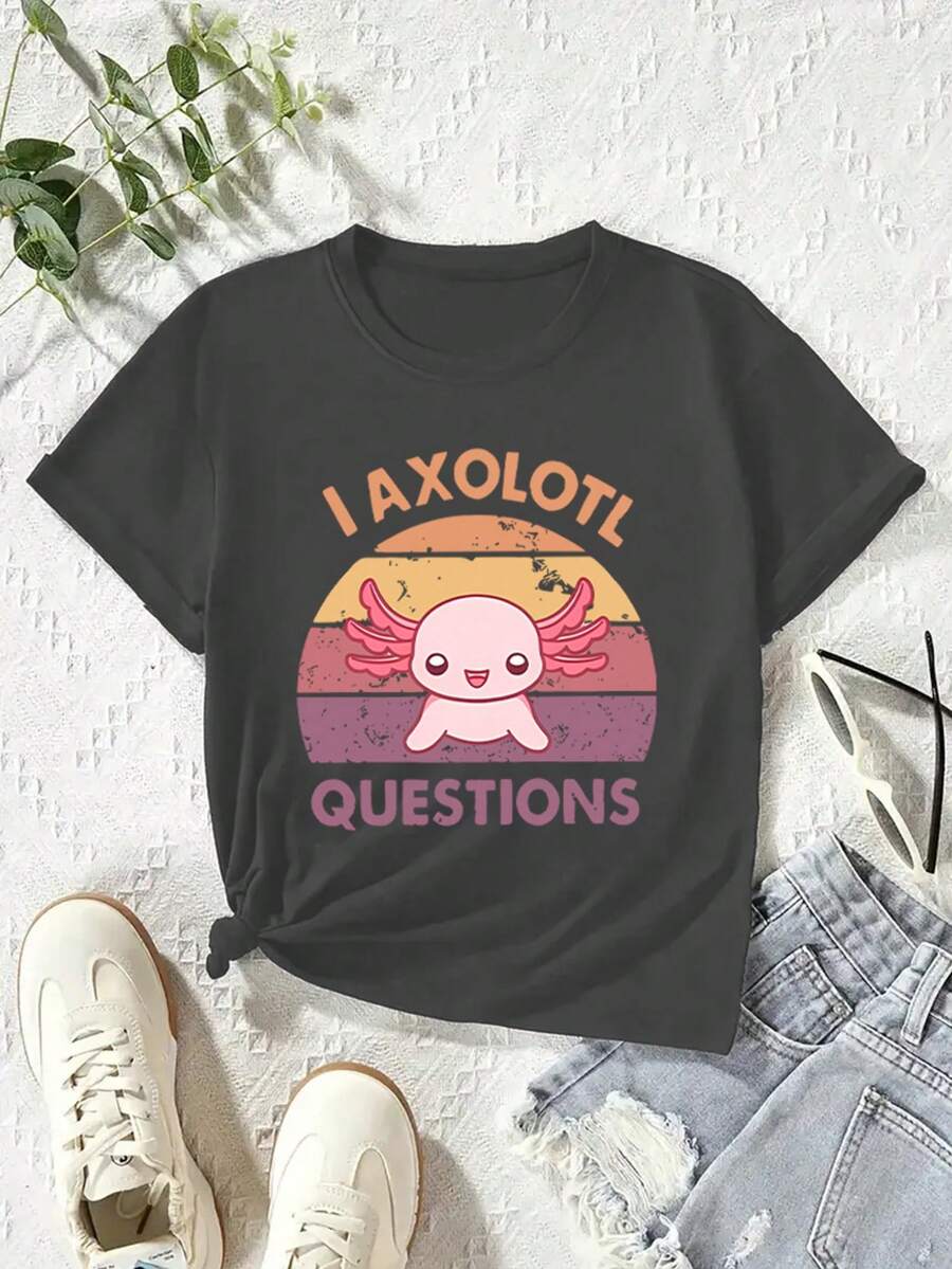 Áo thun cổ tròn tay ngắn in họa tiết thường ngày cho bé gái tuổi mới lớn, áo mùa hè - Màu xám đen - Xem 1