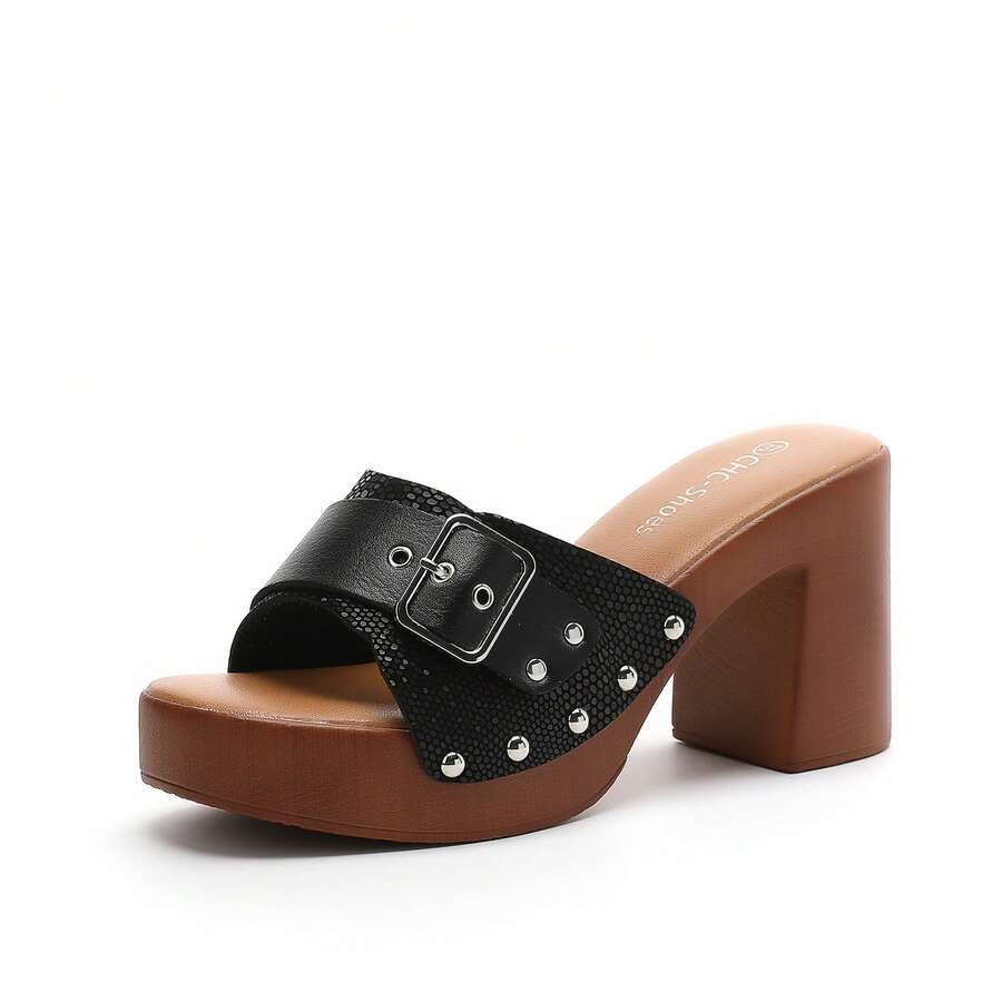 女士可调节扣环设计厚底高跟凉鞋夏季女士凉鞋 - 黑色 - 查看 1