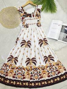 Long Dress PRINTED With Lining With Cup In Beautiful, Fashionable CREPINHO Fabric - Mocha Brown - View 3