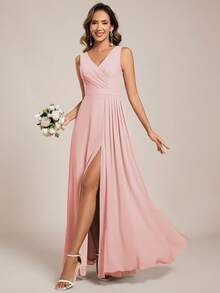 Elegant Solid V-Neck Ruched Draped Split Thigh Maxi Pink Bridesmaid Dresses