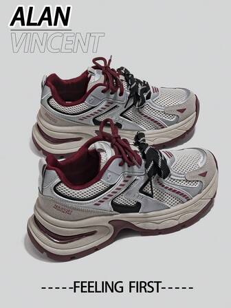  Alan Vincent[City Sneaker Series]Grey And Red Shoes For Women 2025 New Thick-Soled Sports Shoes Comfortable And Fashionable Running Shoes Height Increasing Casual Sneakers Women Outdoor  Shoes Ladies Shoes Breathable Mesh