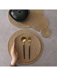 A Round Jute Woven Placemat, A Pure Hand-Woven Straw Coaster, A Japanese-Style Heat-Insulating And Scald-Proof Bowl Mat And Pot Mat. It Is Suitable As A Heat-Insulating Table Mat For Dining Tables At Home, For Decoration, And As A Wedding Decoration Mat. - Yellow - View 8