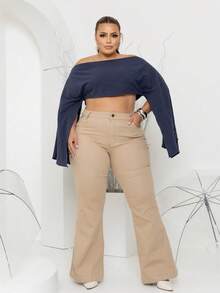 Fler Jeans Women's Plus Size High Waist Lom Lycra Pants - Beige - View 4