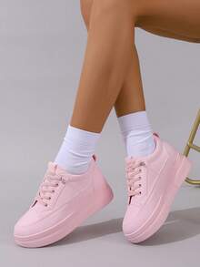 Beige Fashionable Versatile Slip-On Platform Thick Bottom Wedge Sneakers For Women, Suitable For Spring & Autumn - Pink - View 11