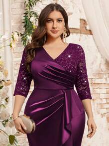 Plus V-Neck Sequin Floral Lace Contrast Ruched Ruffle Trim Satin Mermaid Hem Evening Party Dress, Formal Gown, Winter Dress, Valentine Day Dress, For Wedding Guest, Graduation, Dinner - Maroon - View 9