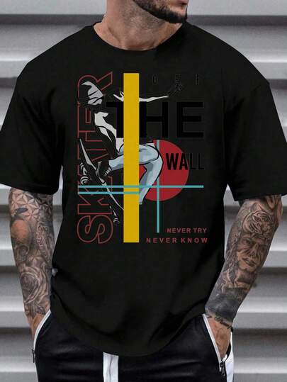 Camiseta de hombre, estampado retro sencillo de moto tejido grueso de, cuello redondo y manga corta.