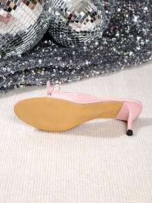 女士新款时尚优雅细高跟凉鞋，饰有甜美蝴蝶结设计露趾，纯色厚底，适合正式或休闲场合穿着 - 粉色 - 查看 8