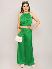 Lindo conjunto de 2 piezas unicolor de satén para mujer y elegante de verano - Verde - Ver 2